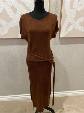Brown Knit Tie-Accent Midi Dress